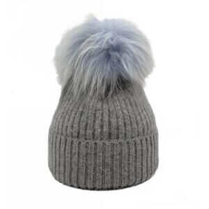 NEW LINDA RICHARDS women's knit pom pom hat in grey blue mist